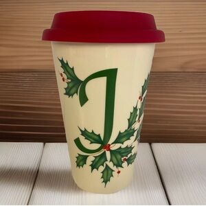 Lenox Holiday Christmas Thermal Travel Coffee Porcelain Mug Mono Monogram J Red